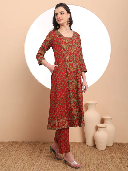 Red Floral Print Thread Work A-Line Kurta Trouser Dupatta Set