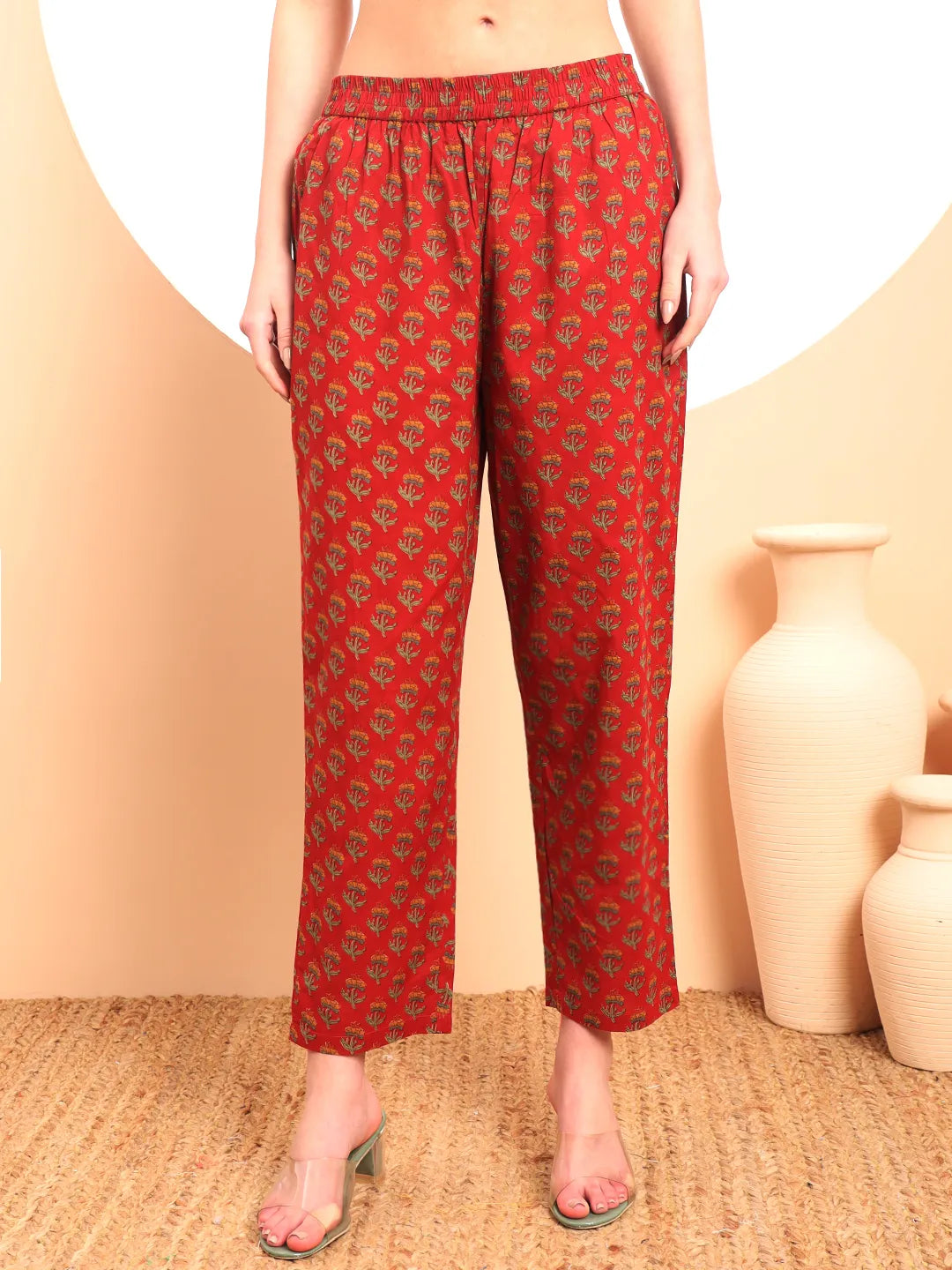 Red Floral Print Thread Work A-Line Kurta Trouser Dupatta Set