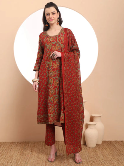 Red Floral Print Thread Work A-Line Kurta Trouser Dupatta Set