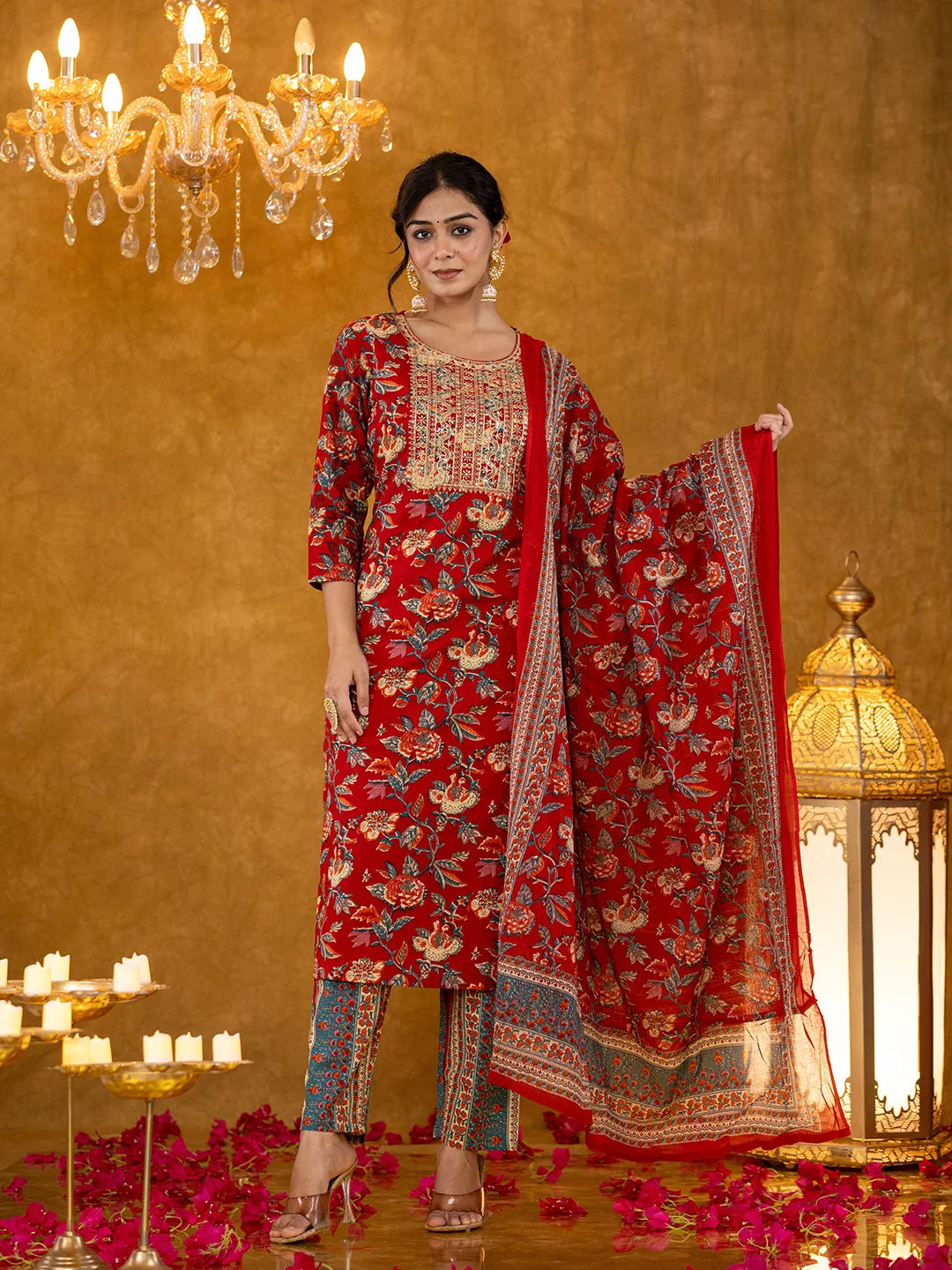 Women's Red Cotton Red Floral Thread Work Pure Cotton Kurta Trousers With Dupatta Set by Yufta, suitable for wholesale buyers, boutiques, retailers, resellers and bulk fashion orders from Trendphoria