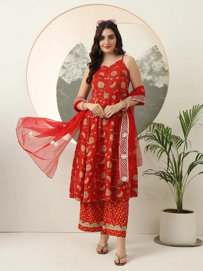 Red Gotta Pati Anarkali Kurta Dupatta Set