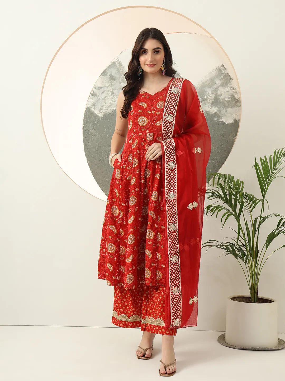 Women's Red Cotton Red Gotta Pati Anarkali Kurta Dupatta Set by Yufta, suitable for wholesale buyers, boutiques, retailers, resellers and bulk fashion orders from Trendphoria