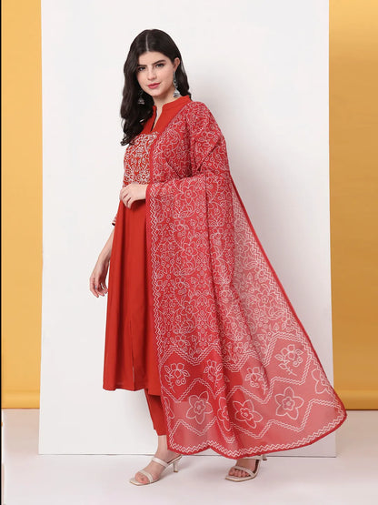 Red Pure Cotton Kantha Work A-Line Kurta Dupatta Pant Set