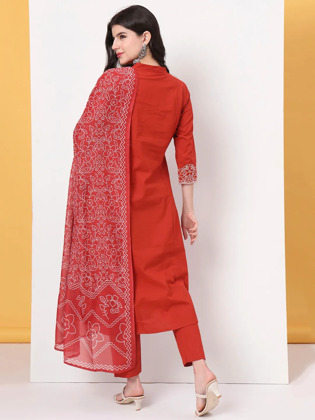 Red Pure Cotton Kantha Work A-Line Kurta Dupatta Pant Set