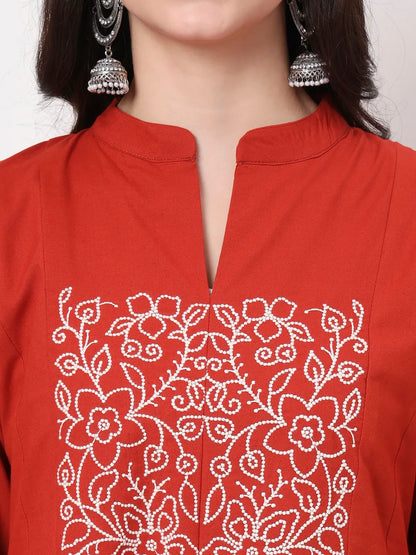 Red Pure Cotton Kantha Work A-Line Kurta Dupatta Pant Set