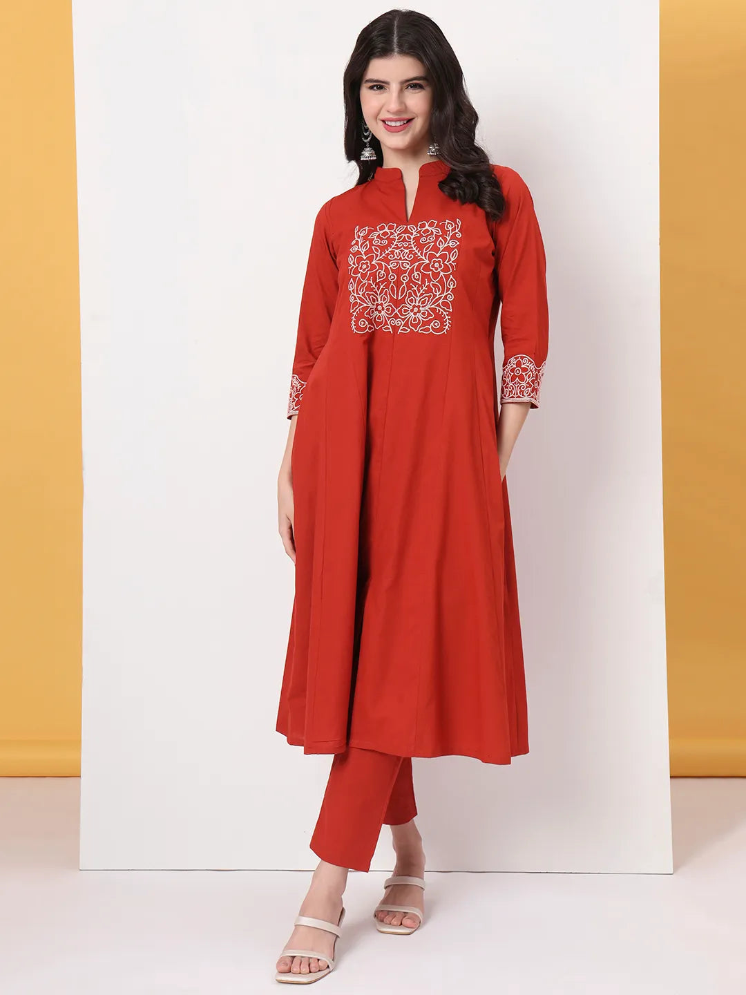 Red Pure Cotton Kantha Work A-Line Kurta Dupatta Pant Set
