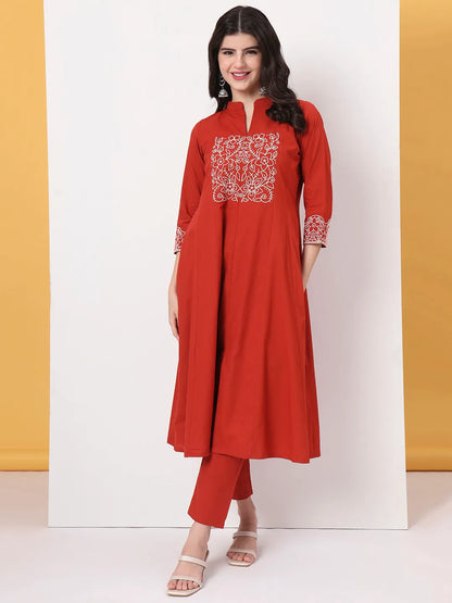 Red Pure Cotton Kantha Work A-Line Kurta Dupatta Pant Set