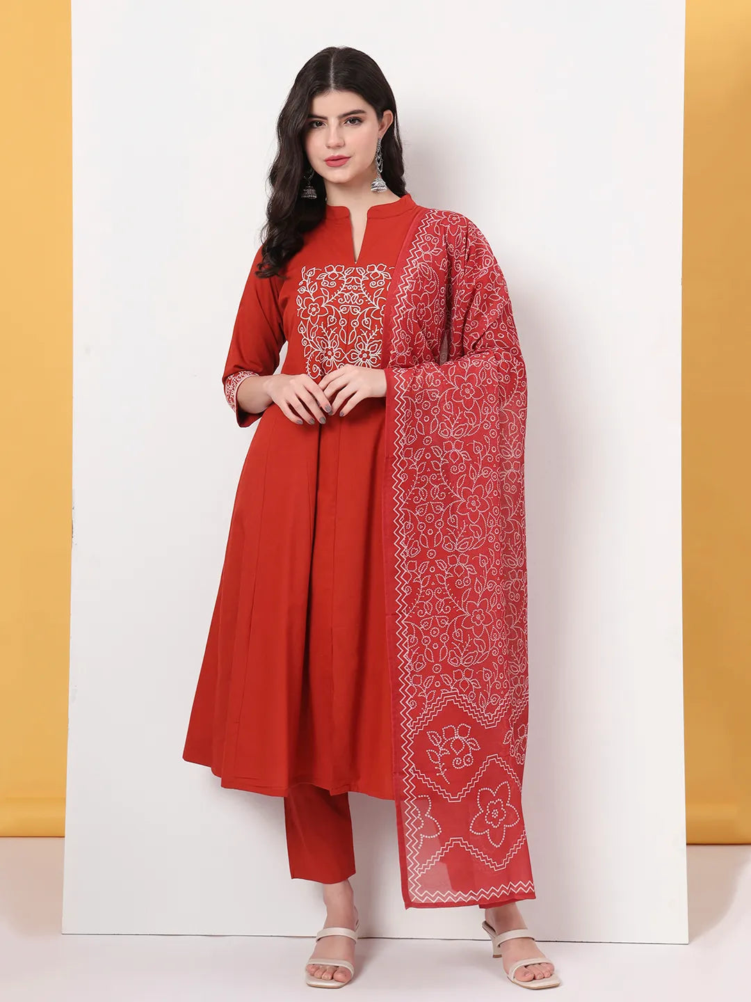 Women's Red Cotton Red Pure Cotton Kantha Work A-Line Kurta Dupatta Pant Set by Yufta, suitable for wholesale buyers, boutiques, retailers, resellers and bulk fashion orders from Trendphoria