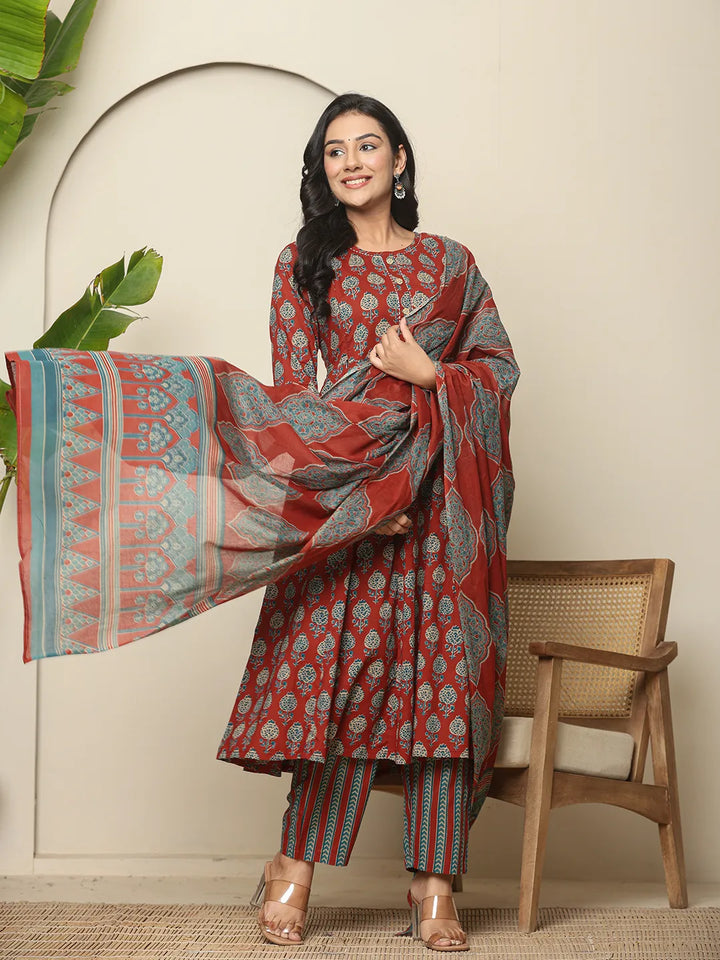 Red Pure Cotton Maternity Kurta Set With Dupatta