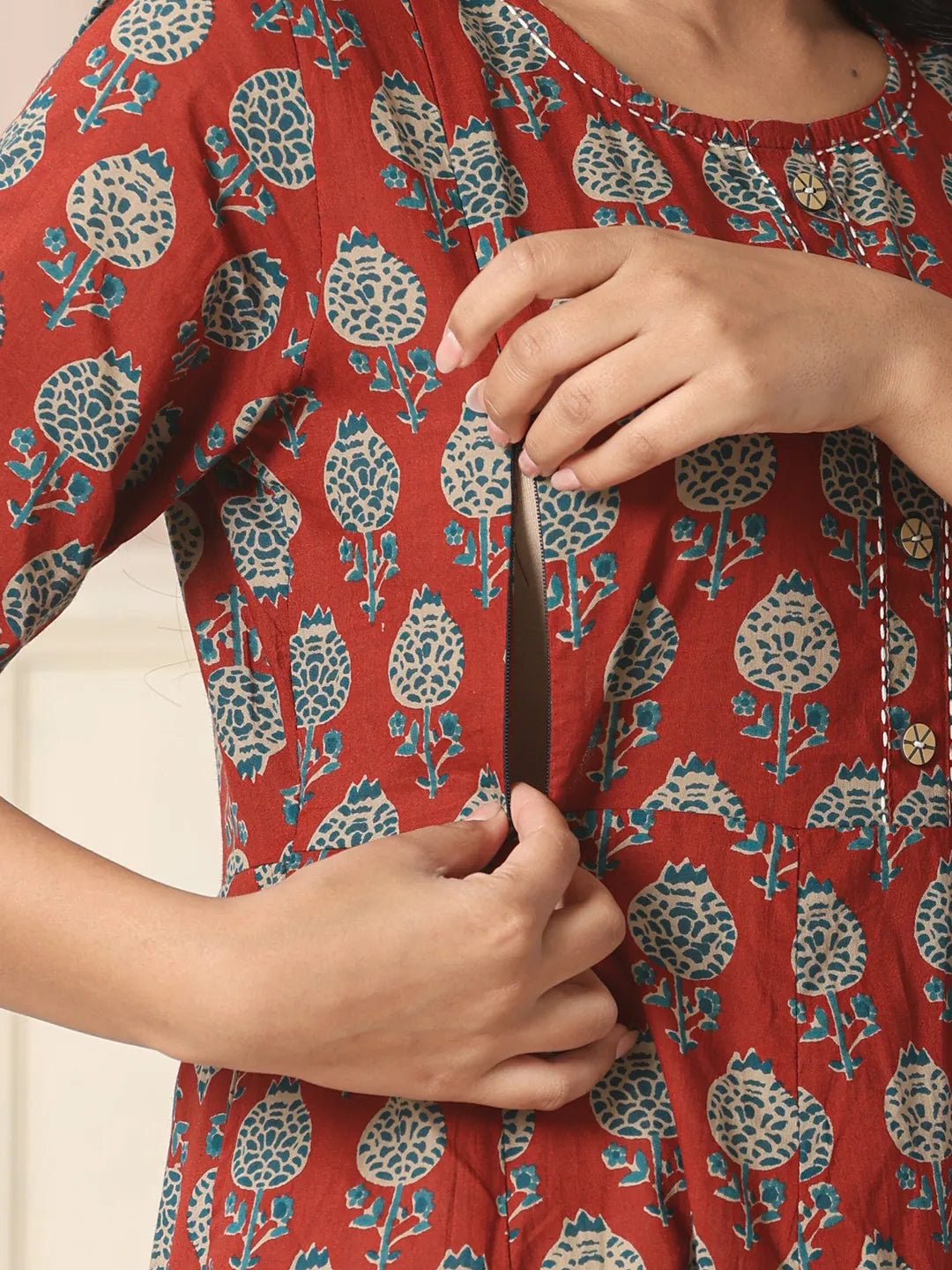 Red Pure Cotton Maternity Kurta Set With Dupatta