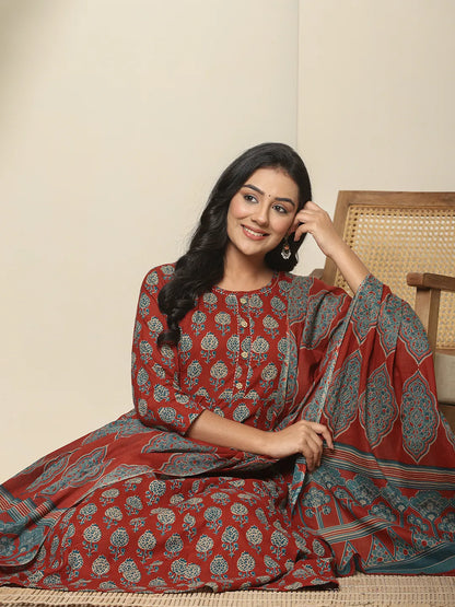 Red Pure Cotton Maternity Kurta Set With Dupatta