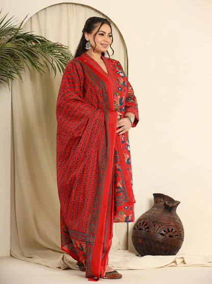 Red Pure Cotton Sequins Work Kurta Dupatta Pant Set With Handwork