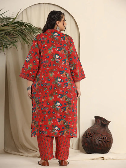 Red Pure Cotton Sequins Work Kurta Dupatta Pant Set With Handwork