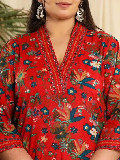 Red Pure Cotton Sequins Work Kurta Dupatta Pant Set With Handwork