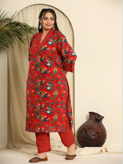 Red Pure Cotton Sequins Work Kurta Dupatta Pant Set With Handwork