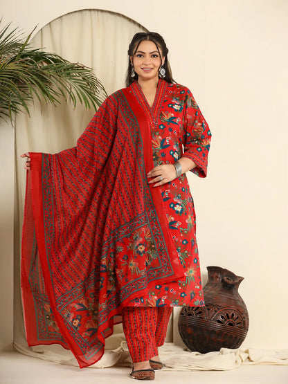 Red Pure Cotton Sequins Work Kurta Dupatta Pant Set With Handwork