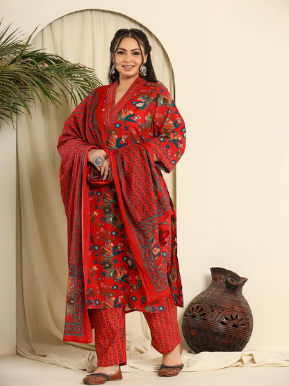 Women's Red Cotton Red Pure Cotton Sequins Work Kurta Dupatta Pant Set With Handwork by Yufta, suitable for wholesale buyers, boutiques, retailers, resellers and bulk fashion orders from Trendphoria
