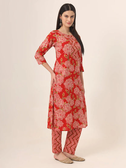 Red Pure Cotton Straight Kurta Pants Dupatta Set