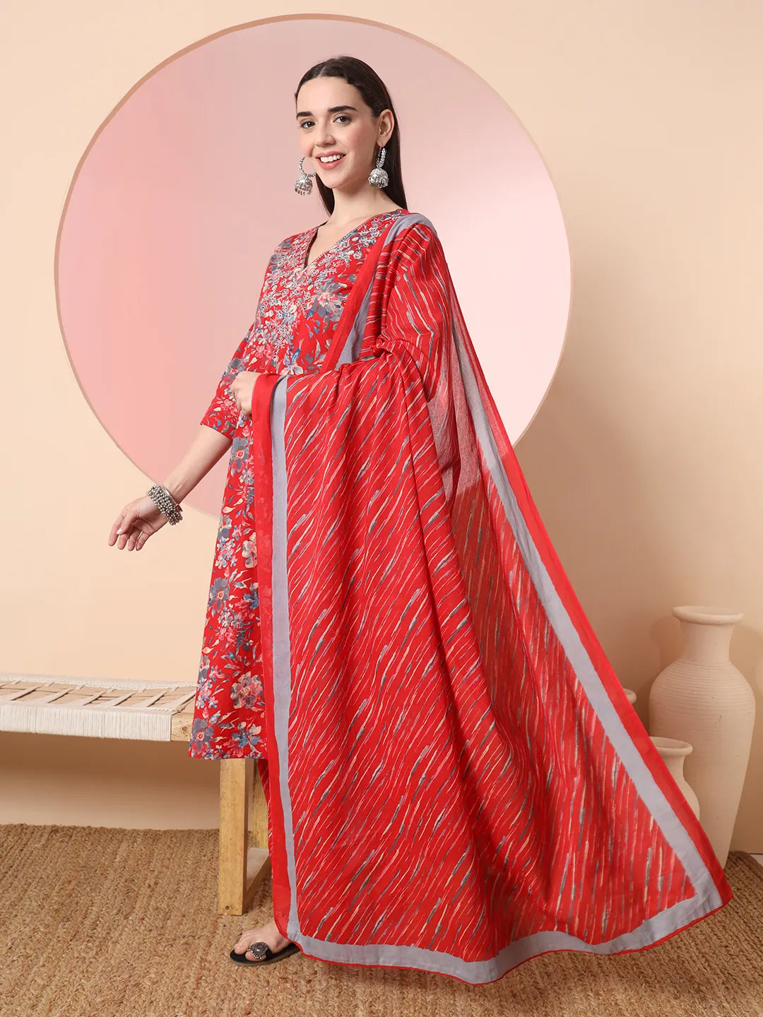 Red Pure Cotton Thread Work Straight Kurta Dupatta Pant Set