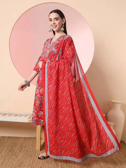 Red Pure Cotton Thread Work Straight Kurta Dupatta Pant Set