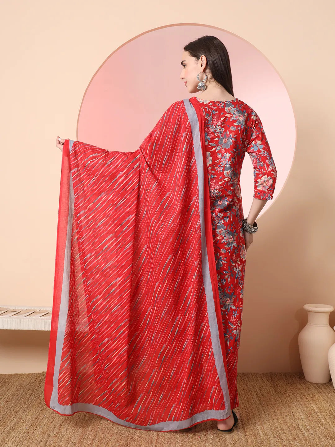 Red Pure Cotton Thread Work Straight Kurta Dupatta Pant Set