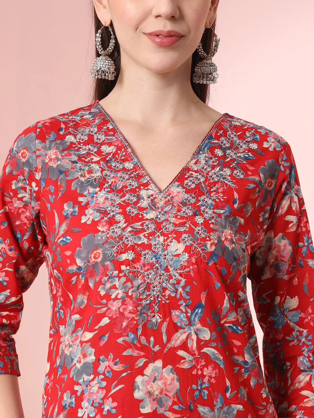 Red Pure Cotton Thread Work Straight Kurta Dupatta Pant Set