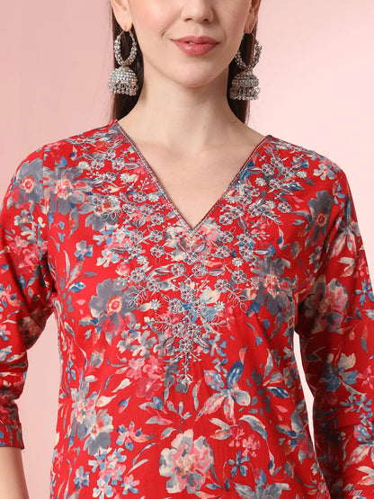 Red Pure Cotton Thread Work Straight Kurta Dupatta Pant Set