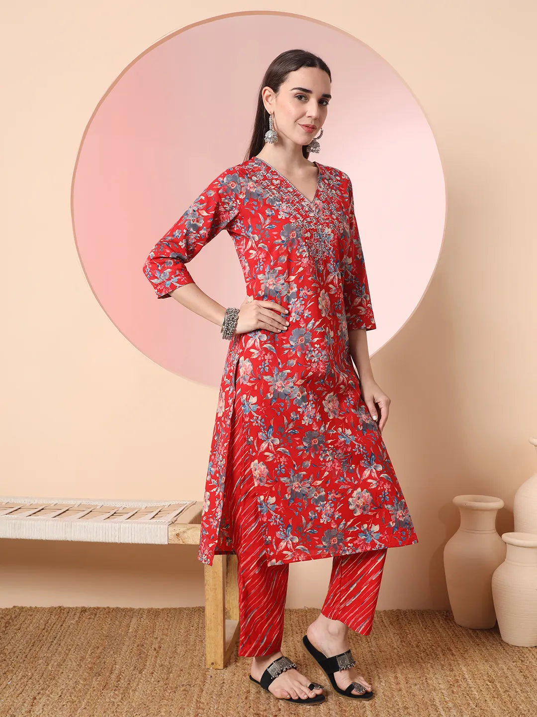 Red Pure Cotton Thread Work Straight Kurta Dupatta Pant Set