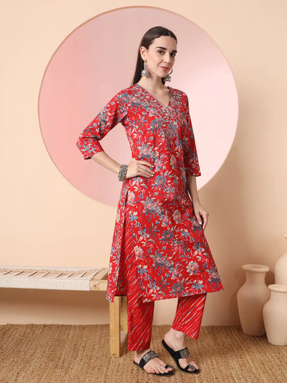 Red Pure Cotton Thread Work Straight Kurta Dupatta Pant Set
