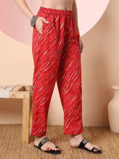 Red Pure Cotton Thread Work Straight Kurta Dupatta Pant Set