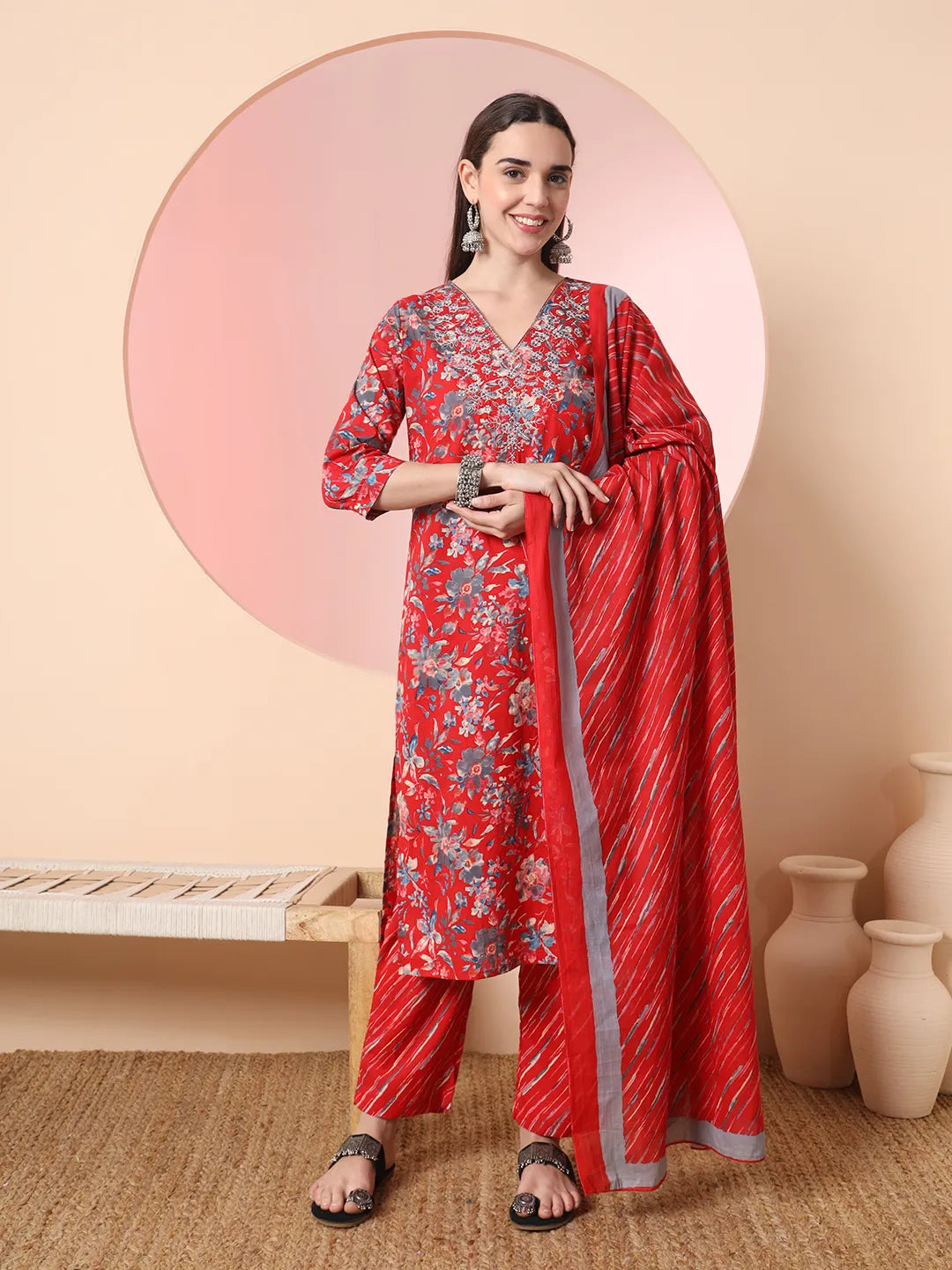 Red Pure Cotton Thread Work Straight Kurta Dupatta Pant Set