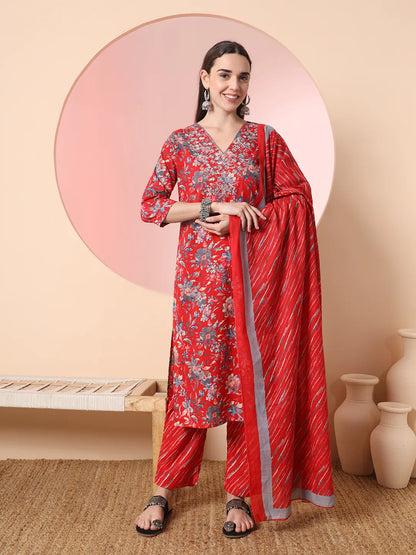 Red Pure Cotton Thread Work Straight Kurta Dupatta Pant Set