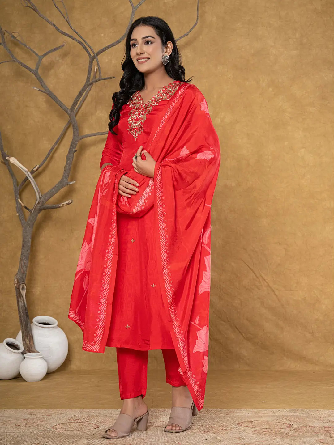 Red Pure Uppada Silk Handwork Kurta Dupatta Set