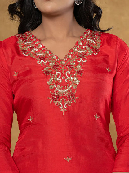 Red Pure Uppada Silk Handwork Kurta Dupatta Set