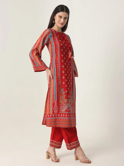 Red Silk Tie Up Kurta Set With Pant & Dupatta