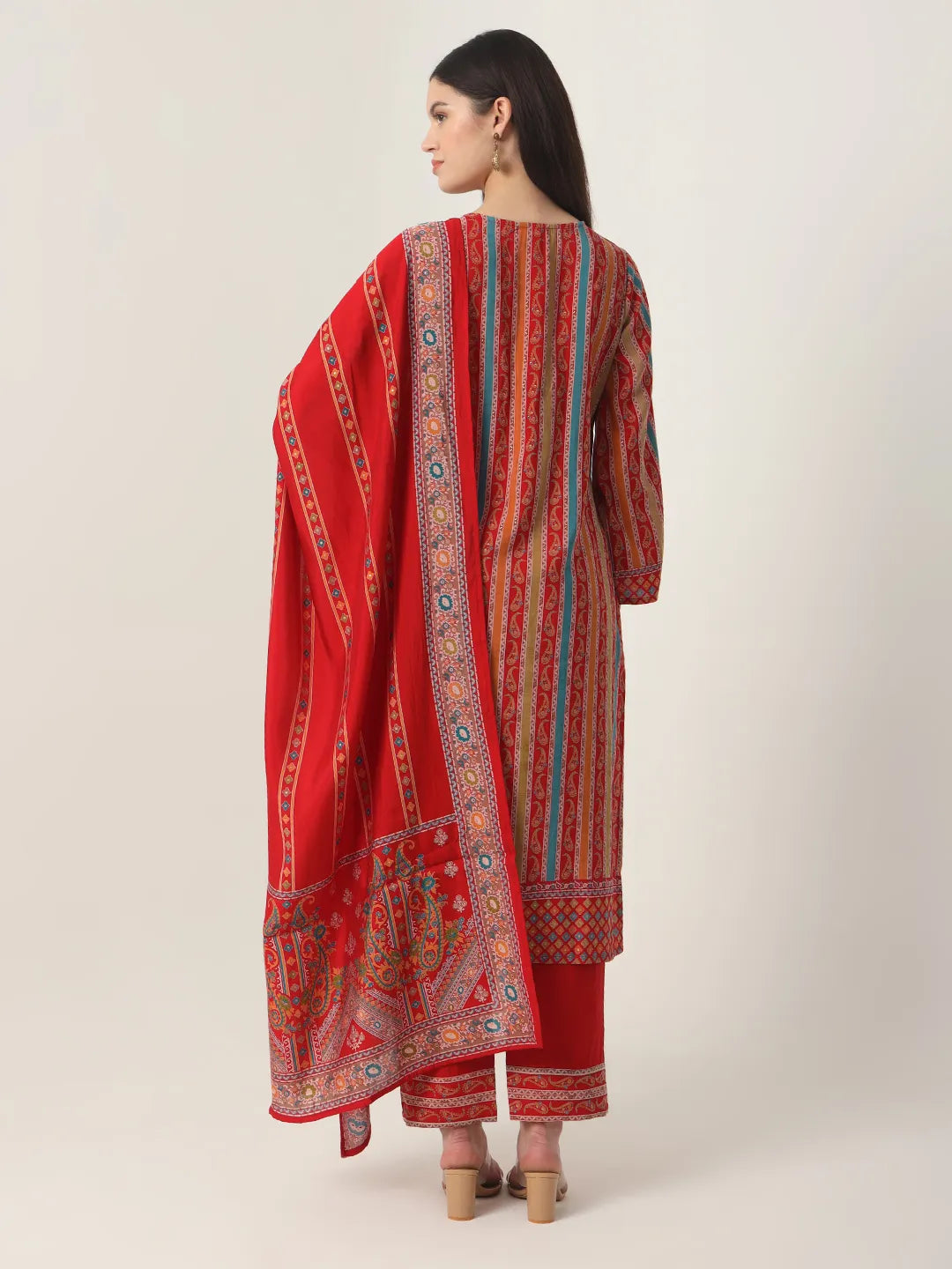 Red Silk Tie Up Kurta Set With Pant & Dupatta