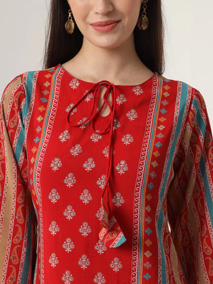 Red Silk Tie Up Kurta Set With Pant & Dupatta