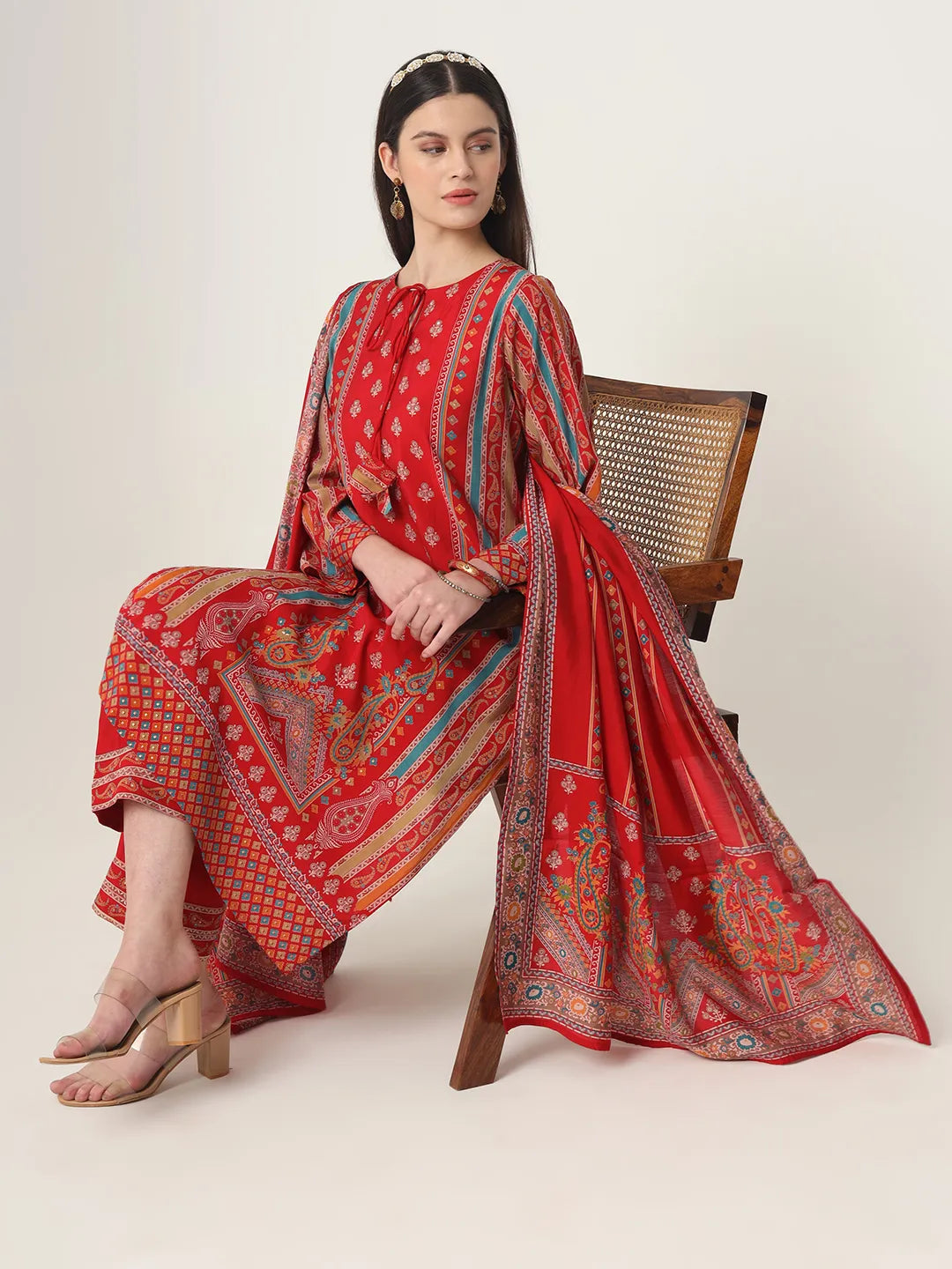 Red Silk Tie Up Kurta Set With Pant & Dupatta