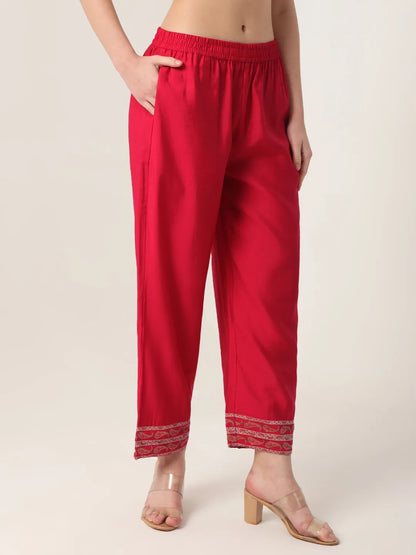 Red Silk Tie Up Kurta Set With Pant & Dupatta