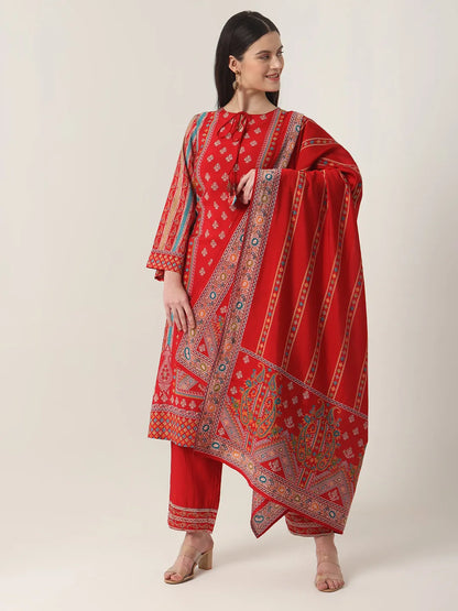 Red Silk Tie Up Kurta Set With Pant & Dupatta