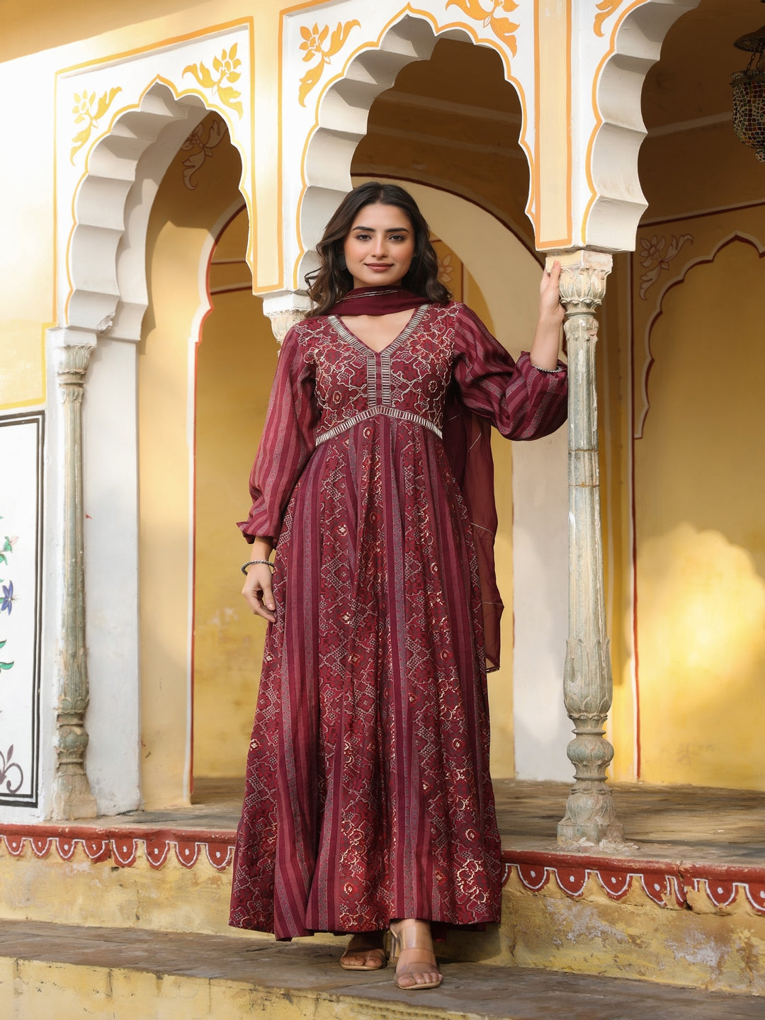 Printed Chanderi Flared Wine Gowns With Dupatta