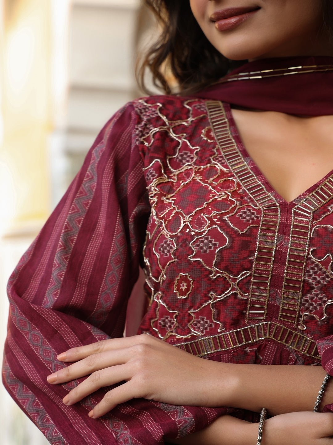 Printed Chanderi Flared Wine Gowns With Dupatta