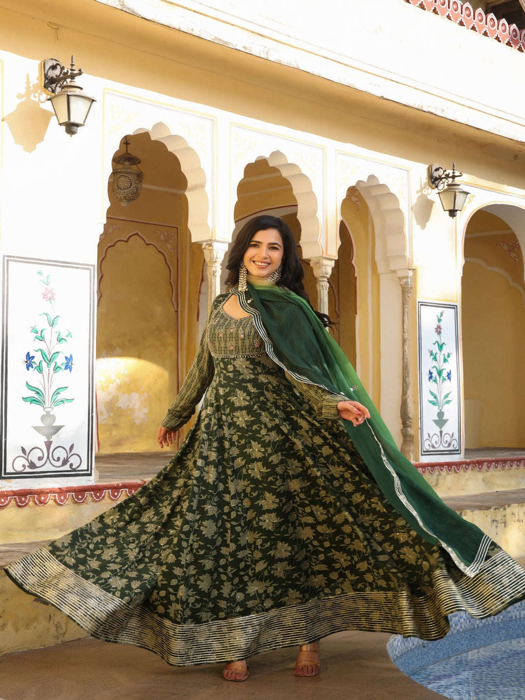 Printed Rayon Green Gown With Shaded Dupatta