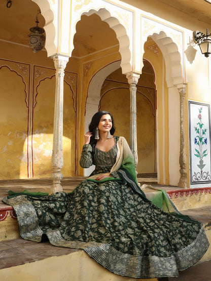Printed Rayon Green Gown With Shaded Dupatta