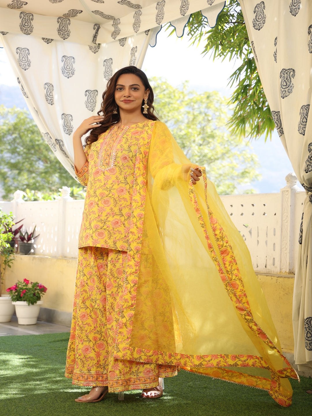 Printed Cotton Yellow Sharara Set