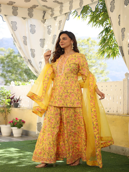 Printed Cotton Yellow Sharara Set