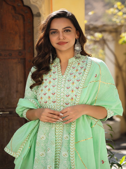 Printed Green Cotton Suit Set