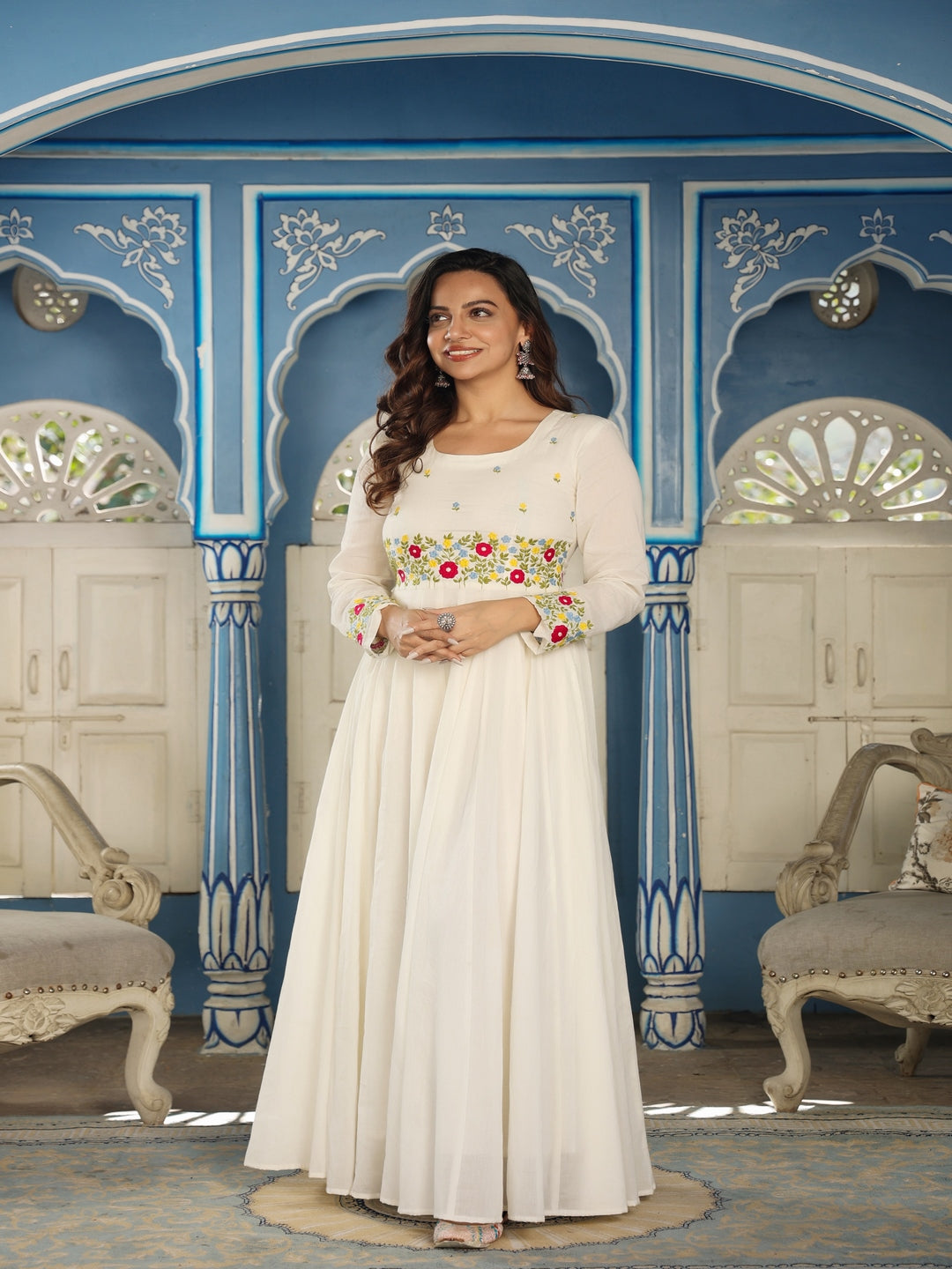 Printed Cotton Anarkali Gown in White : TQM639