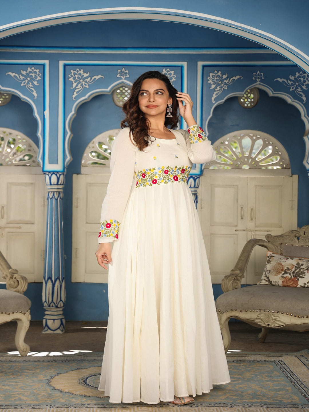 Cotton White Anarkali Wedding Party Wear Traditional Women Kurti With  Dupatta | eBay