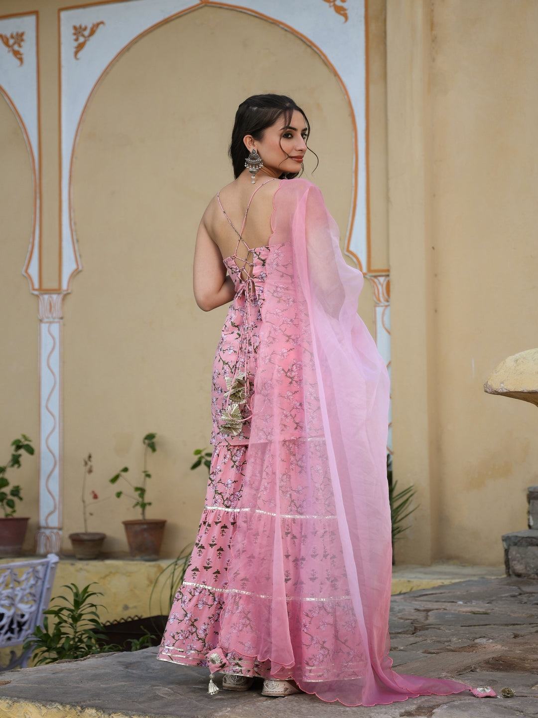 Pink Printed Cotton Backless Sharara Set